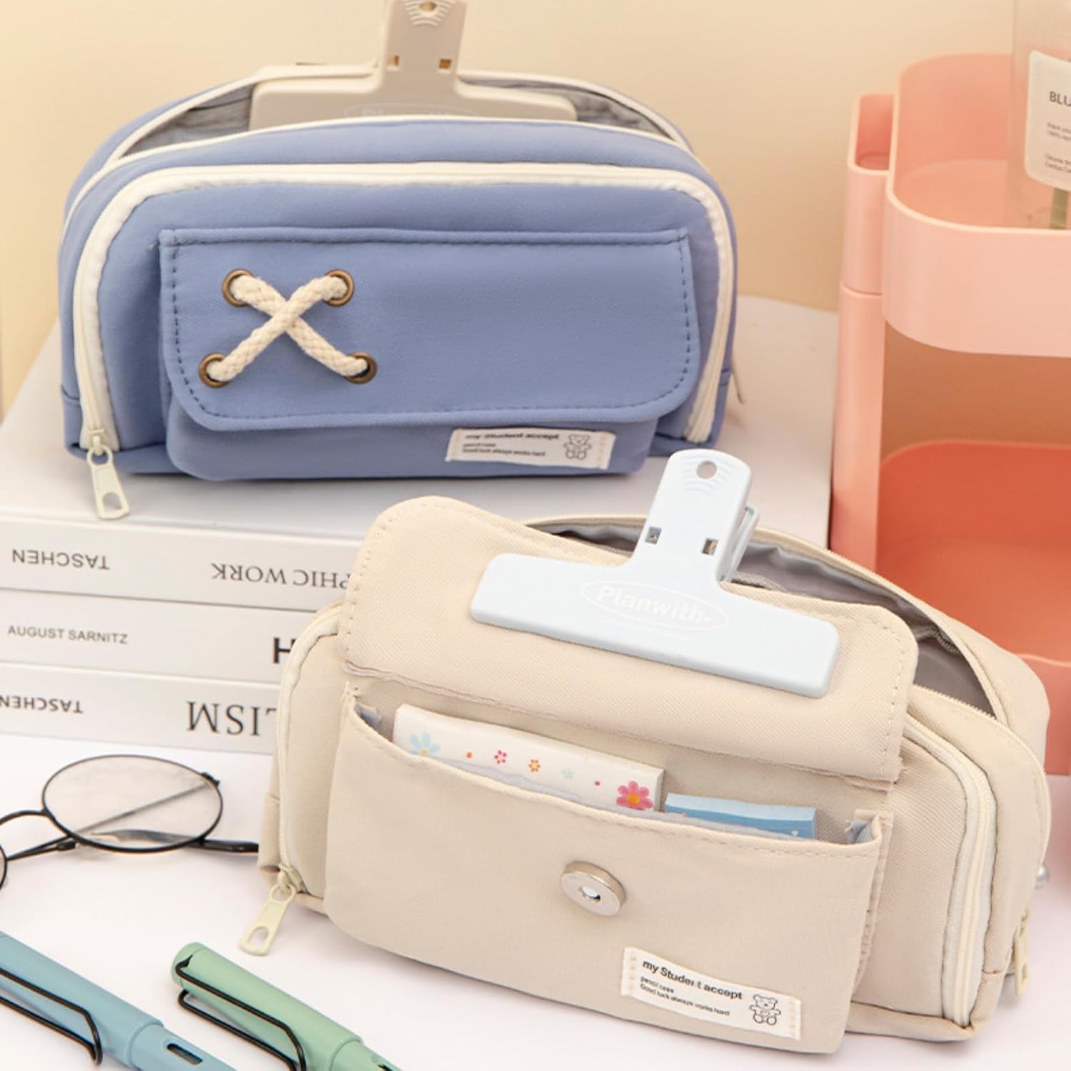 Bonito estuche para lápices, estuche grande de almacenamiento para lápices, borradores, notas adhesivas, organizador portátil para oficina, trabajo,