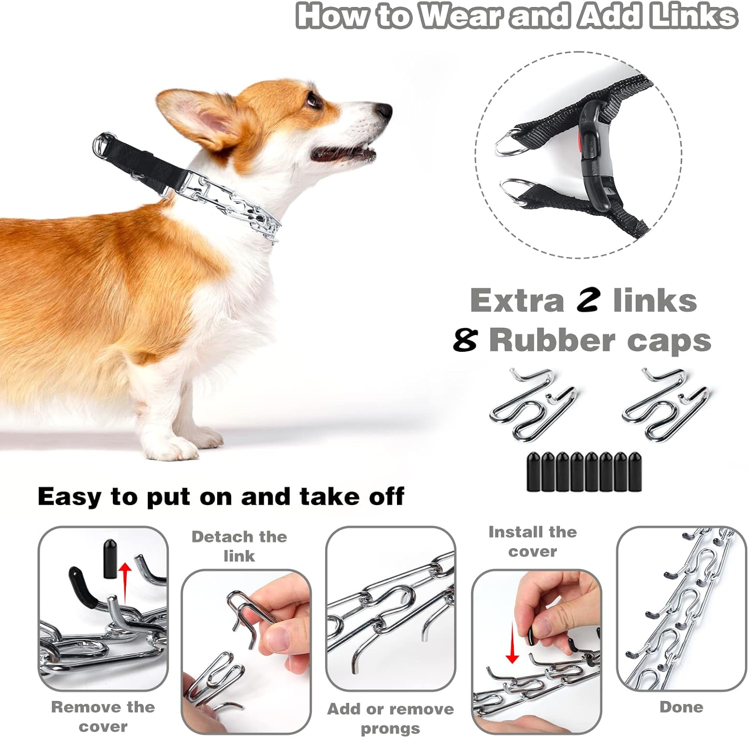 Collar de punta para perros, entrenamiento de caminar con hebilla de liberación rápida, collar ajustable con tapas de goma, no tirones, M (cuello 15