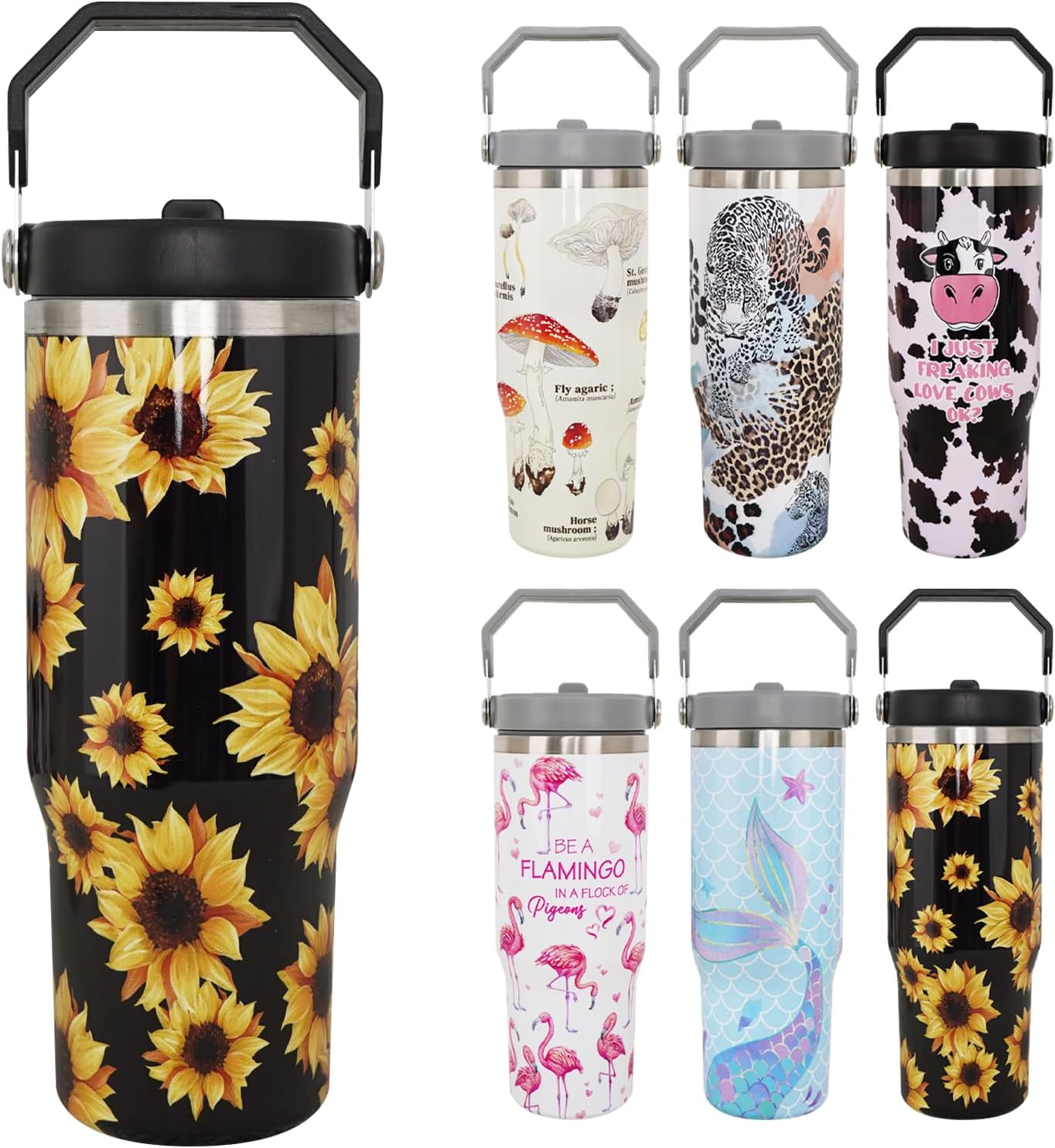Vaso de girasol negro, regalos de girasol para mujeres, taza de café con girasol aislada de 30 onzas, taza, botella de agua, vasos para beber,