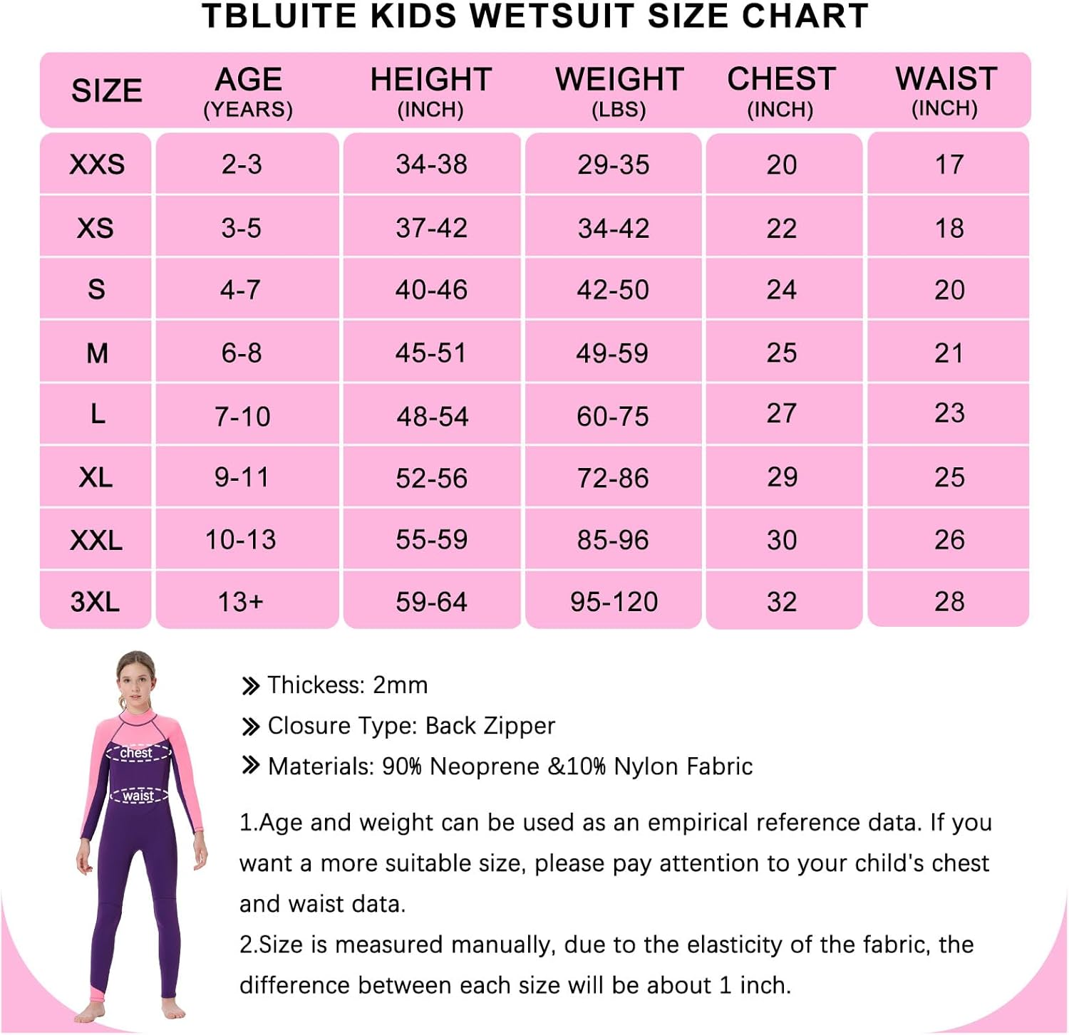 TBLUITE Traje de neopreno para niños y niñas en agua fría, 0.118 pulgadas y 0.079 pulgadas con cremallera trasera de neopreno cortolargo para