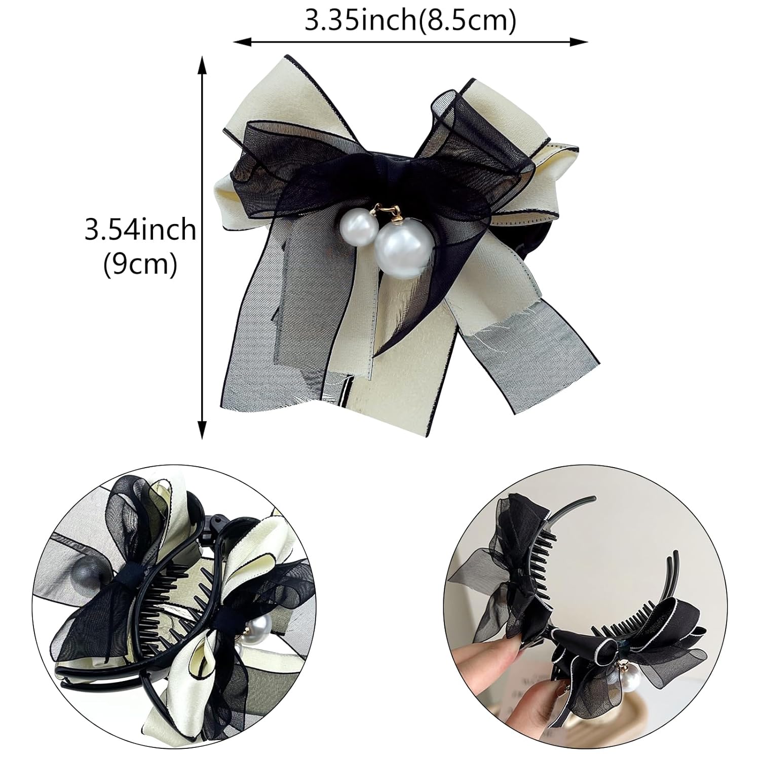 4 pinzas para el cabello con lazo y perlas, cinta blanca y negra, con lazo, pinzas para el cabello, accesorios para la cabeza para mujeres y niñas