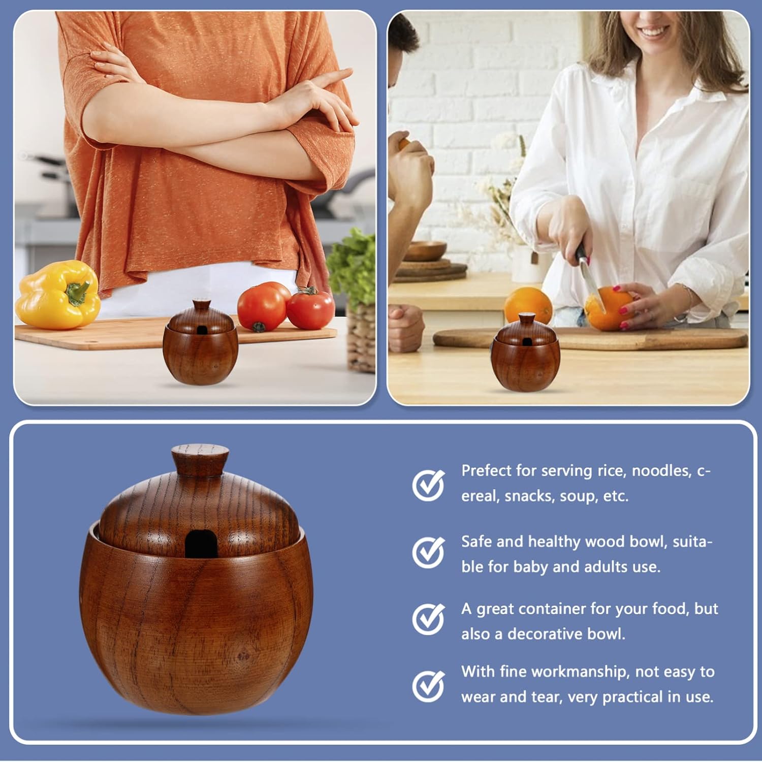 Cuenco de madera maciza de estilo japonés con tapas para servir ensalada, arroz, miso, sopa, frutas, cocina, preparación, platos de dulces, cuencos
