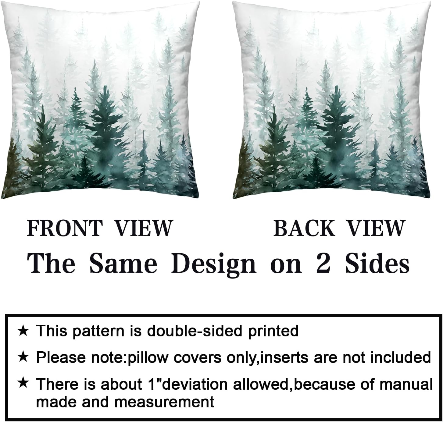 Juego de 2 fundas de almohada de árboles verdes acuarela de 18 x 18 pulgadas, fundas de almohada de invierno verde oscuro con temática de
