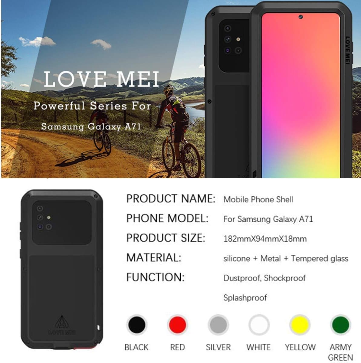 LOVE MEI Funda para Samsung Galaxy A71 4G, resistente al agua, militar, resistente, a prueba de golpes, polvo y suciedad, aluminio híbrido, metal,