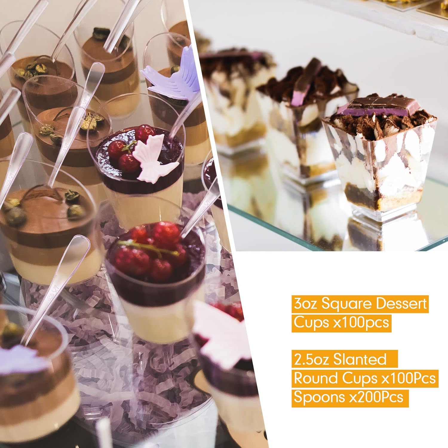 Mini tazas de postre de plástico con cucharas que incluyen tazas cuadradas de 3 onzas para aperitivos de 2.5 onzas, tazas redondas inclinadas para