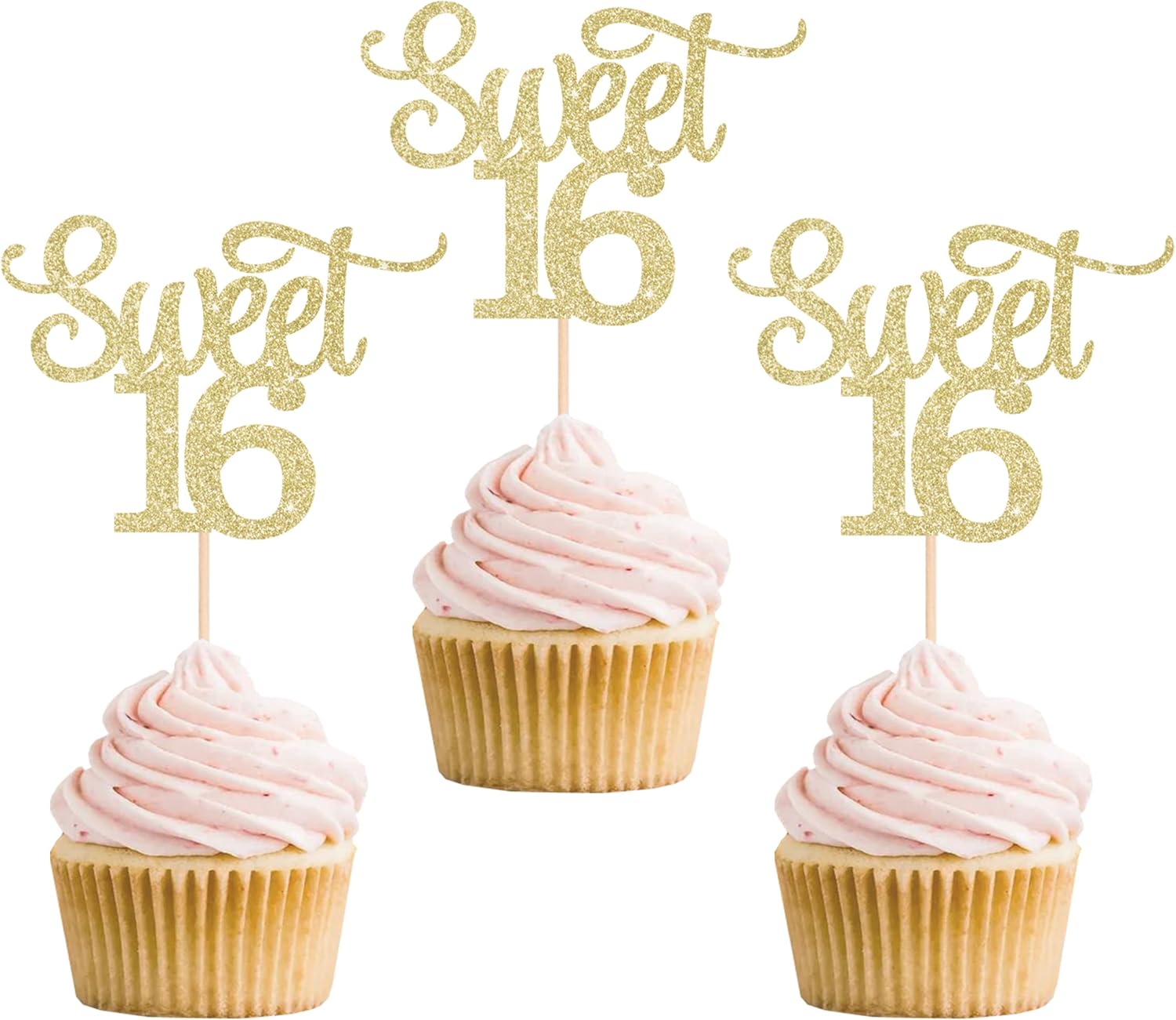 24 adornos dorados de doble cara con purpurina para cupcakes, 16 palillos para cupcakes, suministros de decoración de pasteles de fiesta de