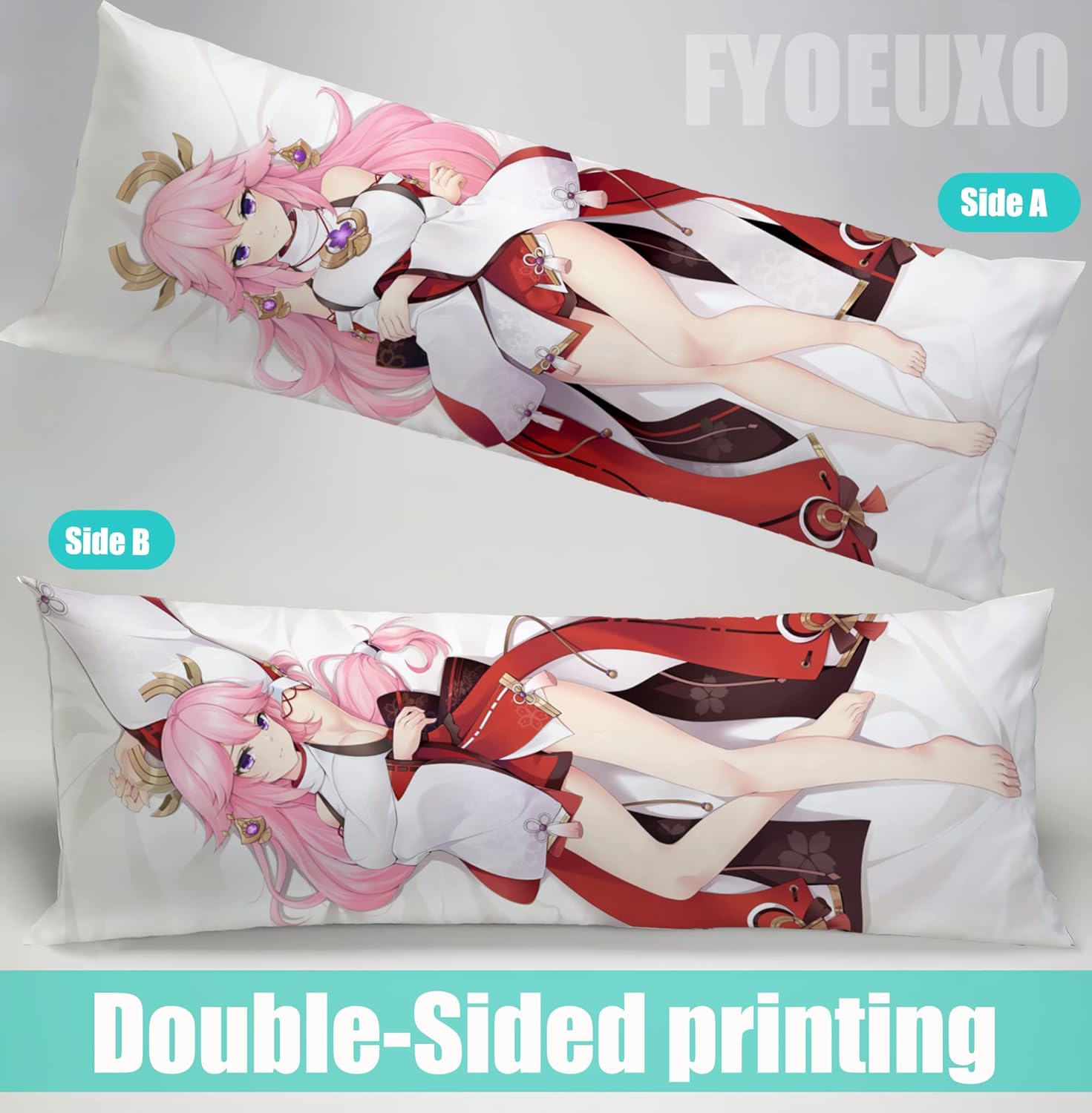 Anime Game Genshin Impact Girl Yae Miko – Funda de almohada corporal para abrazar, doble cara impresa de 59 x 19 pulgadas, funda de almohada