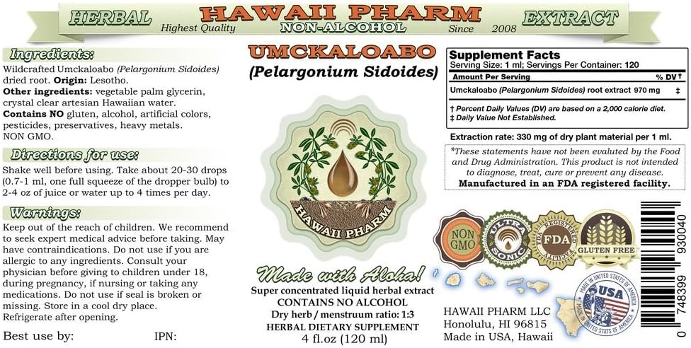 Hawaii Pharm Umckaloabo Extracto líquido sin alcohol, Umckaloabo (pelargonium Sidoides) Suplemento herbario de glicerito de raíz seca, 2 onzas