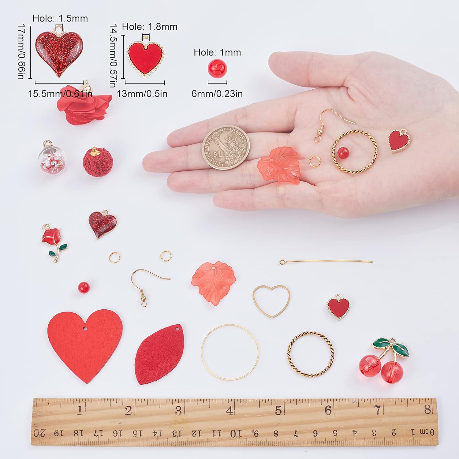 SUNNYCLUE 1 caja de bricolaje 10 pares de aretes de San Valentín, diseño de flores rojas y cerezas, colgantes de tela redonda de tela con corazón y