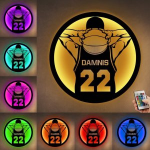 Letrero de metal personalizado para jugador de baloncesto con luz LED, nombre y número personalizados, arte de pared de baloncesto, decoración del Letrero de metal personalizado para jugador de baloncesto con luz LED, nombre y número personalizados, arte de pared de baloncesto, decoración del