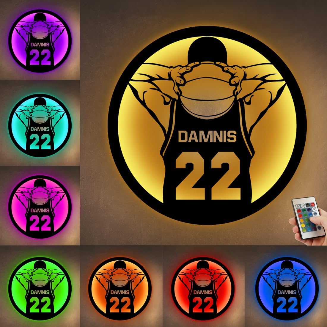 Letrero de metal personalizado para jugador de baloncesto con luz LED, nombre y número personalizados, arte de pared de baloncesto, decoración del
