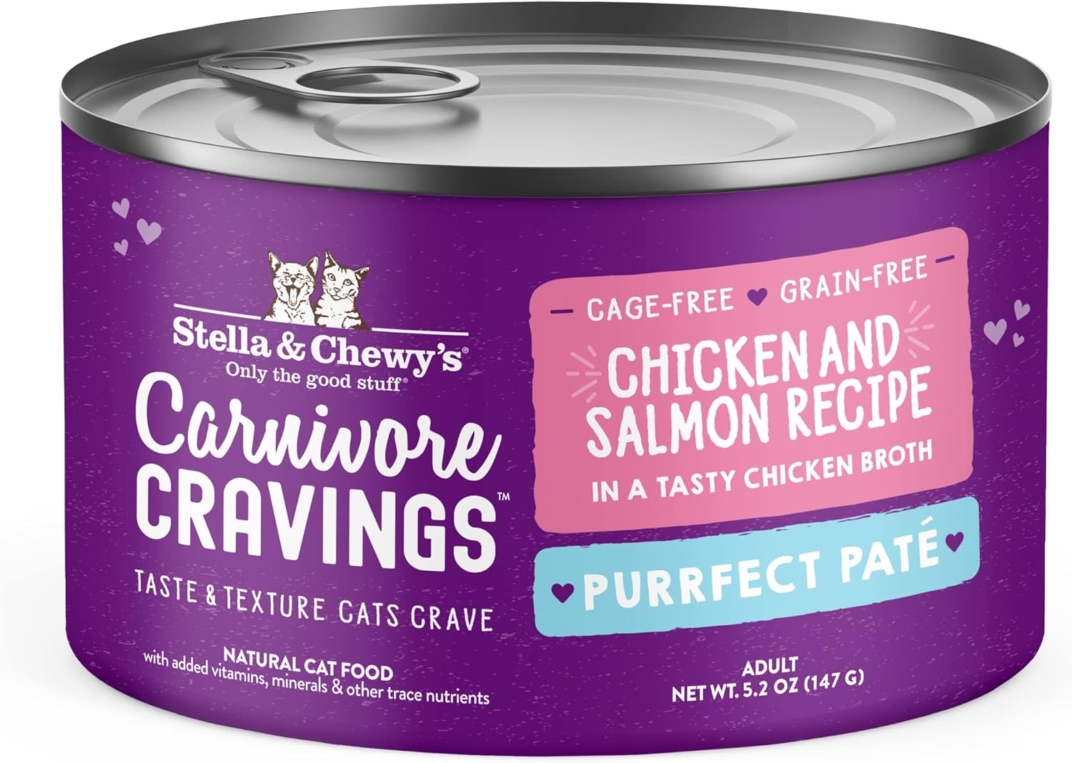 Stella & Chewy’s Carnivore Cravings Purrfect – Alimento húmedo para gatos sin granos, rico en proteínas, receta de pollo y salmón (latas de 5.2