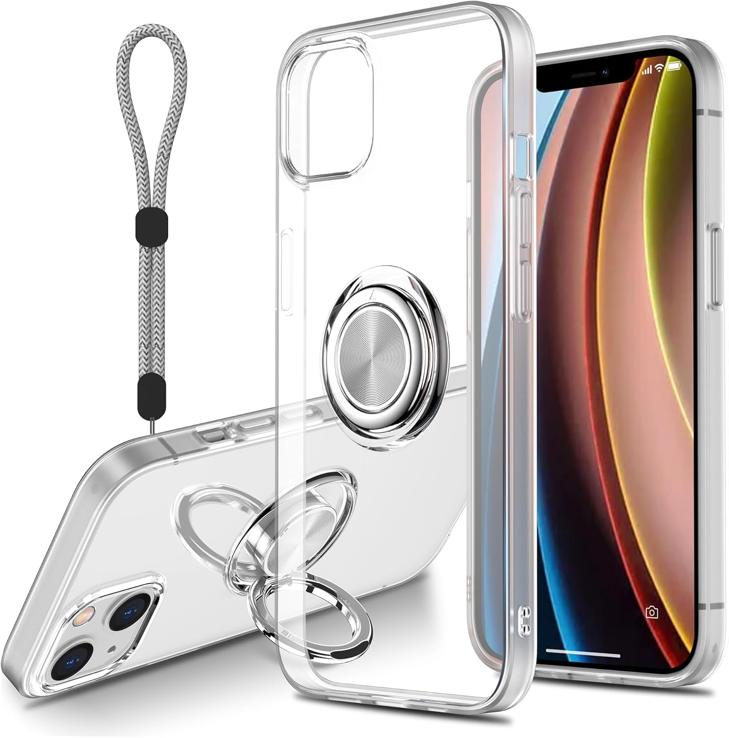 Funda transparente para iPhone 15 con soporte de anillo, funda transparente con correa de mano y soporte, soporte para automóvil, 6.1 pulgadas
