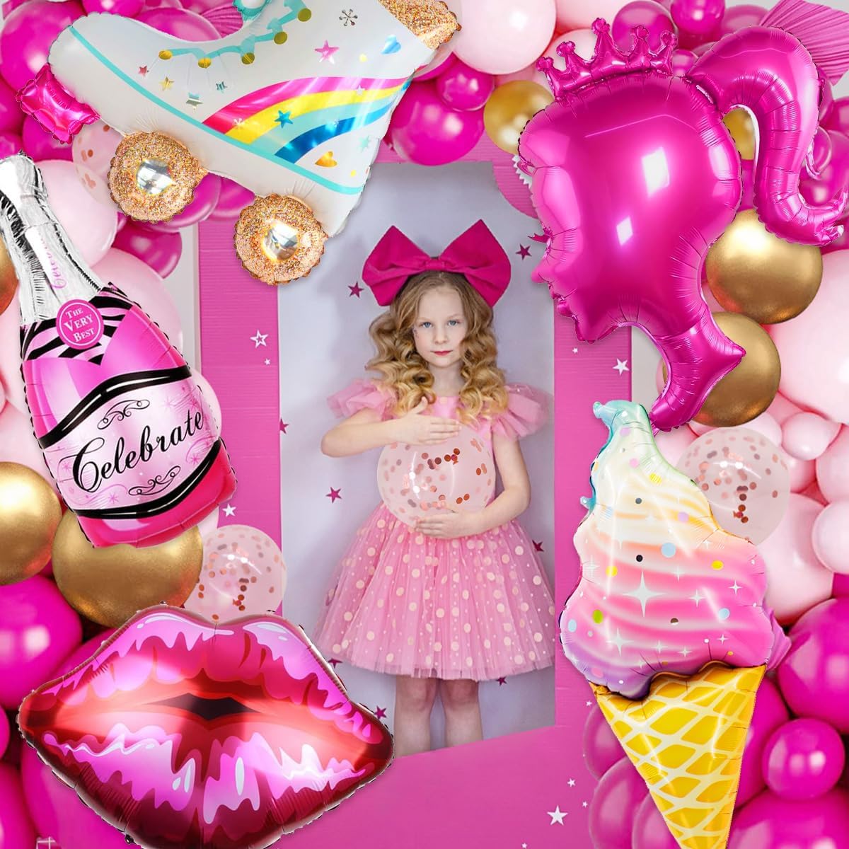 El kit de arco de guirnalda de globos rosas de 126 piezas incluye 5 globos estilizados rosa intenso niña rosa princesa princesa fiesta temática