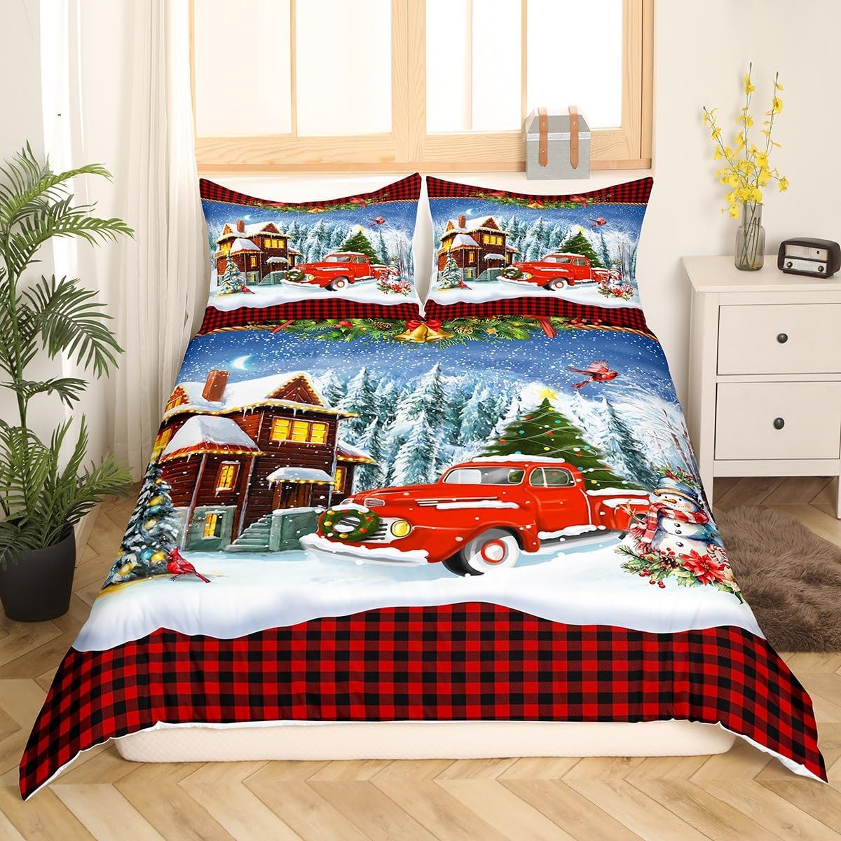 Juego de funda de edredón de Navidad para niños, tamaño King, juego de ropa de cama retro de camión rojo y vista de nieve de invierno, 3 piezas,