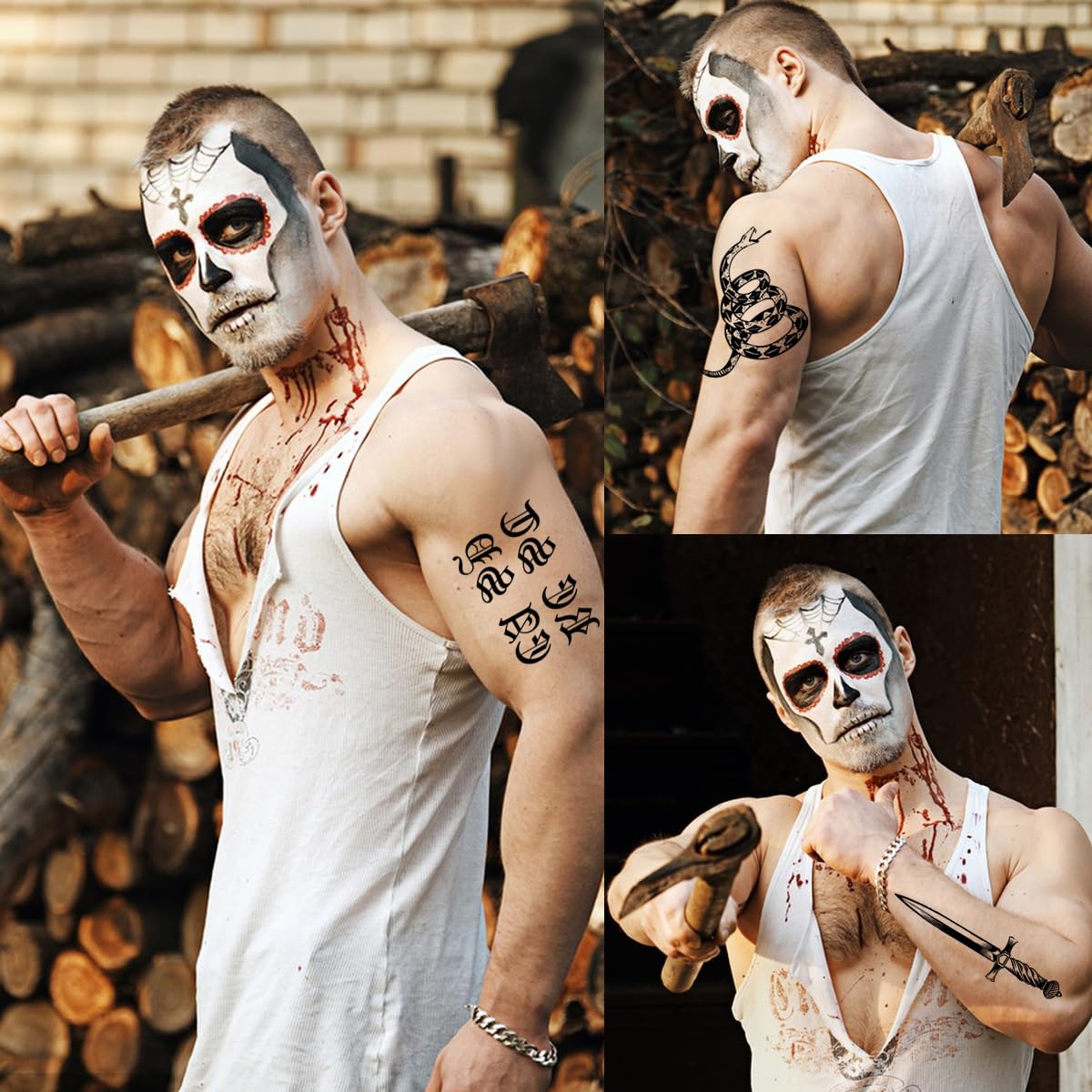 3 hojas de tatuajes faciales temporales de Halloween, cosplay, tatuajes falsos, juego de tatuajes de maquillaje, disfraz de Halloween, cosplay,