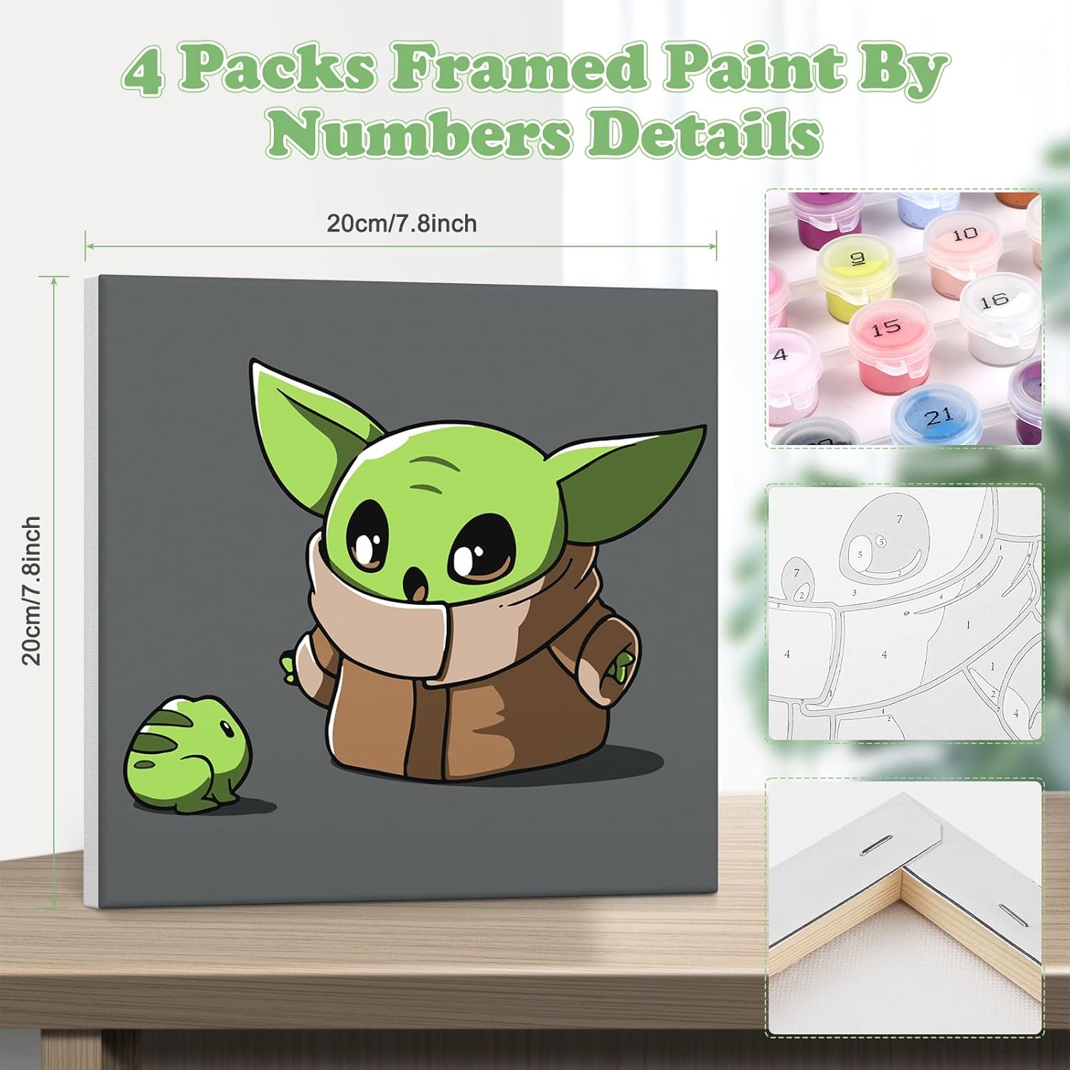 NAIMOER Paquete de 4 pinturas por números para niños, lienzo enmarcado para adultos y niños, pintura Yoda por números para niños de 8 a 12 años,