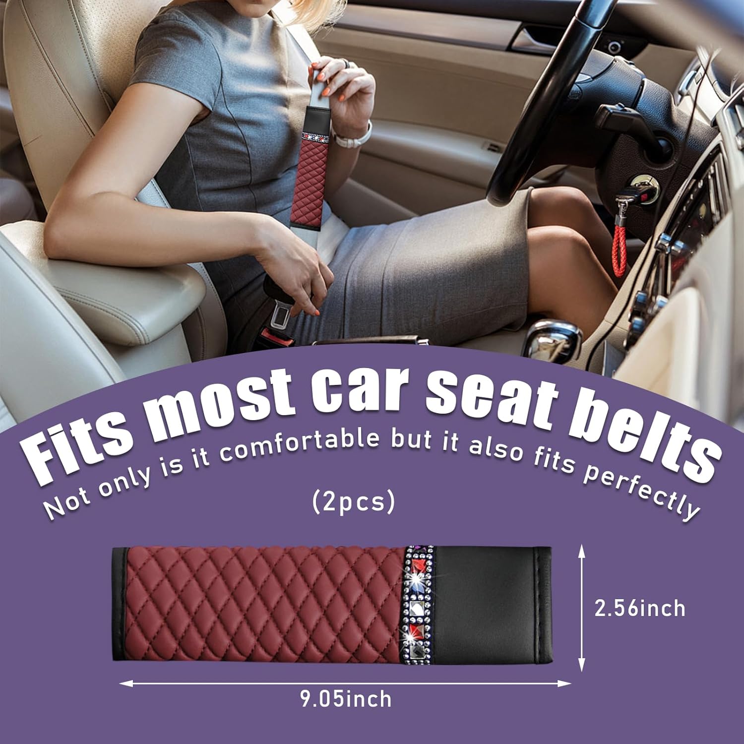 Ziciner 2 fundas de cuero para cinturón de seguridad, fundas para cinturón de seguridad con diamantes de imitación brillantes para mujer,