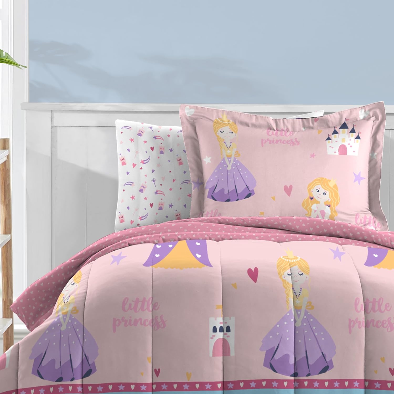 Dream Factory Juego de cama completo de 7 piezas para niños, de microfibra súper suave, fácil de lavar, tamaño matrimonial, princesa rosa