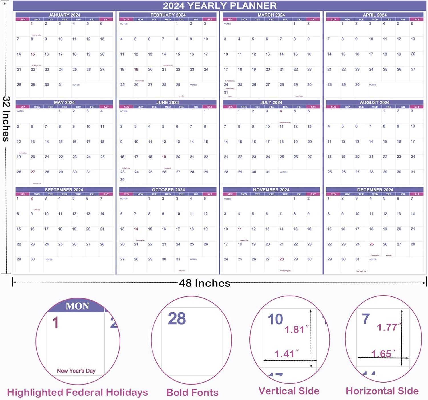 Calendario de pared 2024 borrable de 32 x 48 pulgadas, borrado en húmedo y seco, laminado de 12 meses, calendario anual anual de pared de 2 lados,