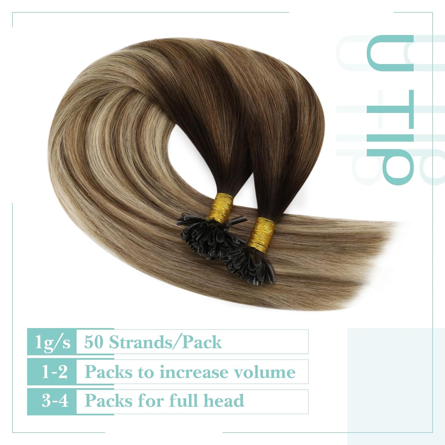 YoungSee Extensiones de cabello balayage con puntas en U, color marrón oscuro, ombré, marrón claro y rubio claro, balayage, con punta en U,