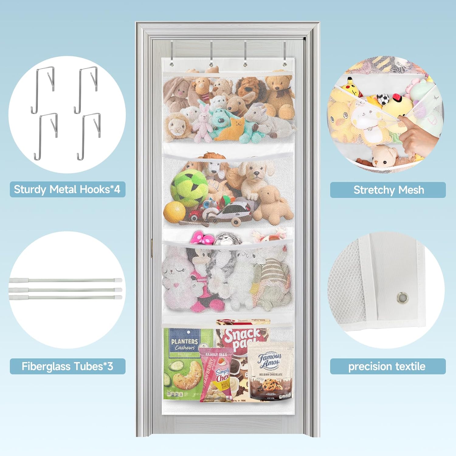 Almacenamiento de animales de peluche, organizador sobre la puerta para almacenamiento de juguetes de peluche, suministros para bebés y otros