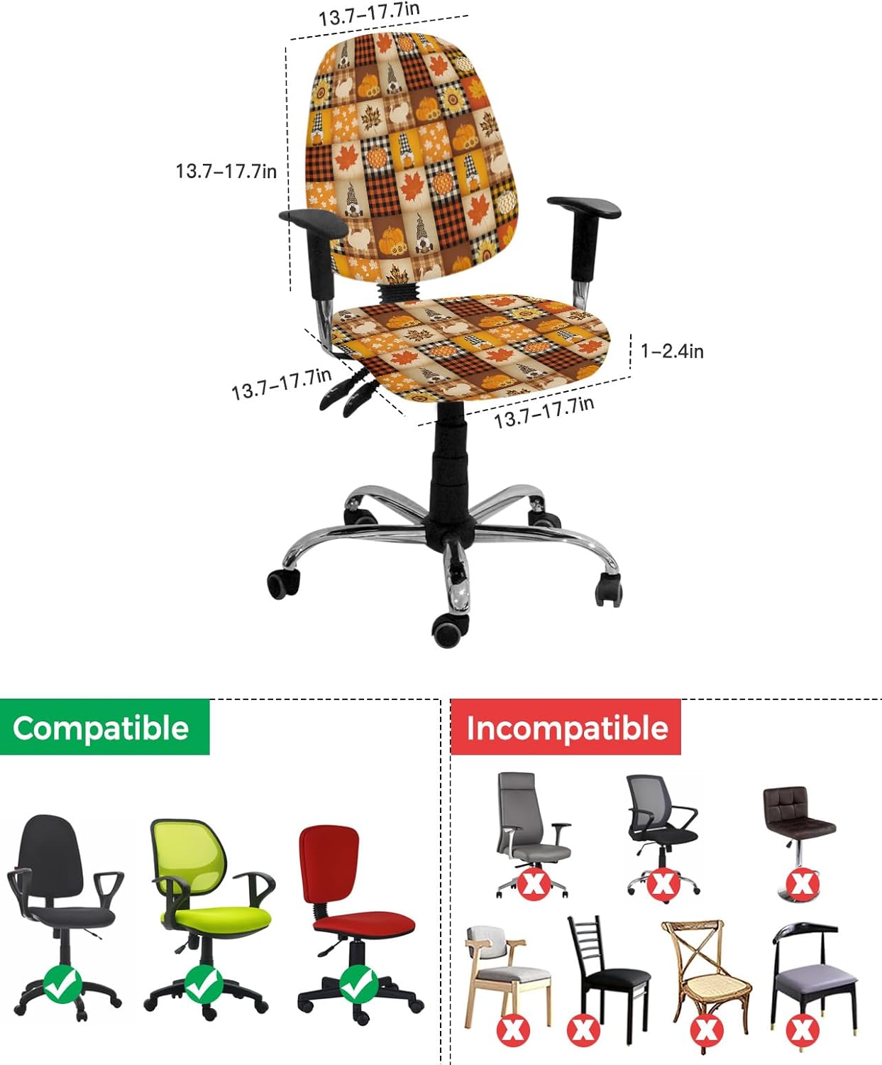 Funda para silla de oficina con diseño de calabaza de Acción de Gracias, calabaza, hoja de arce, gnomo, pavo, protección y elástico, de poliéster