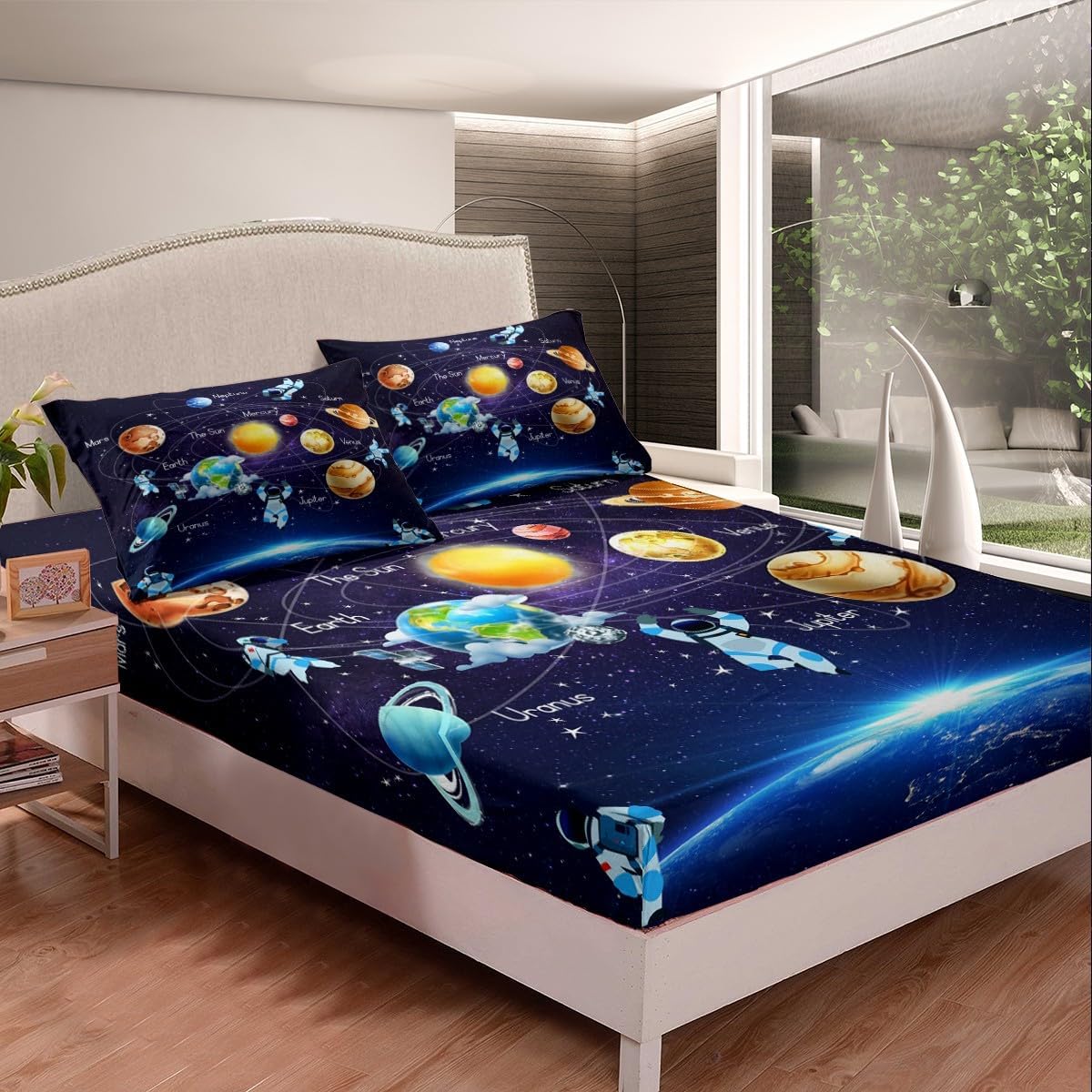 Erosebridal Outer Space – Juego de sábanas de tamaño King para niños y niños, planeta, sistema solar, para niñas, adolescentes, galaxia azul, cielo
