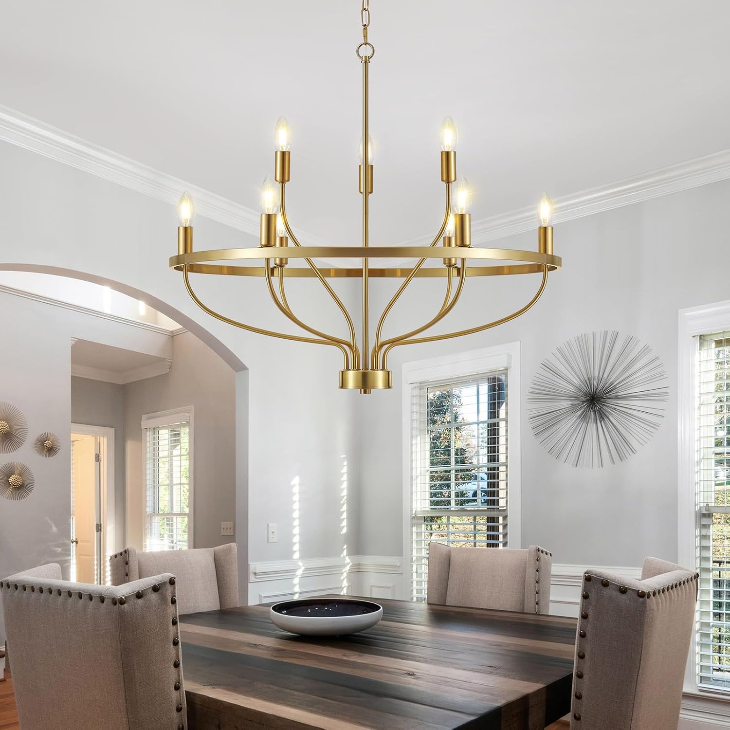 Moderno candelabro dorado de 9 luces, estilo vintage, de mediados de siglo, 30 pulgadas, estilo vela, moderno, rústico, para comedor, isla de