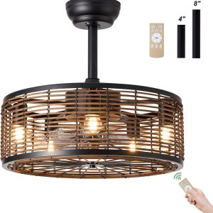 HOMKEA Ventilador de techo bohemio de ratán con control remoto de luz, montaje empotrado, ventiladores de techo enjaulados de granja de 20 pulgadas HOMKEA Ventilador de techo bohemio de ratán con control remoto de luz, montaje empotrado, ventiladores de techo enjaulados de granja de 20 pulgadas