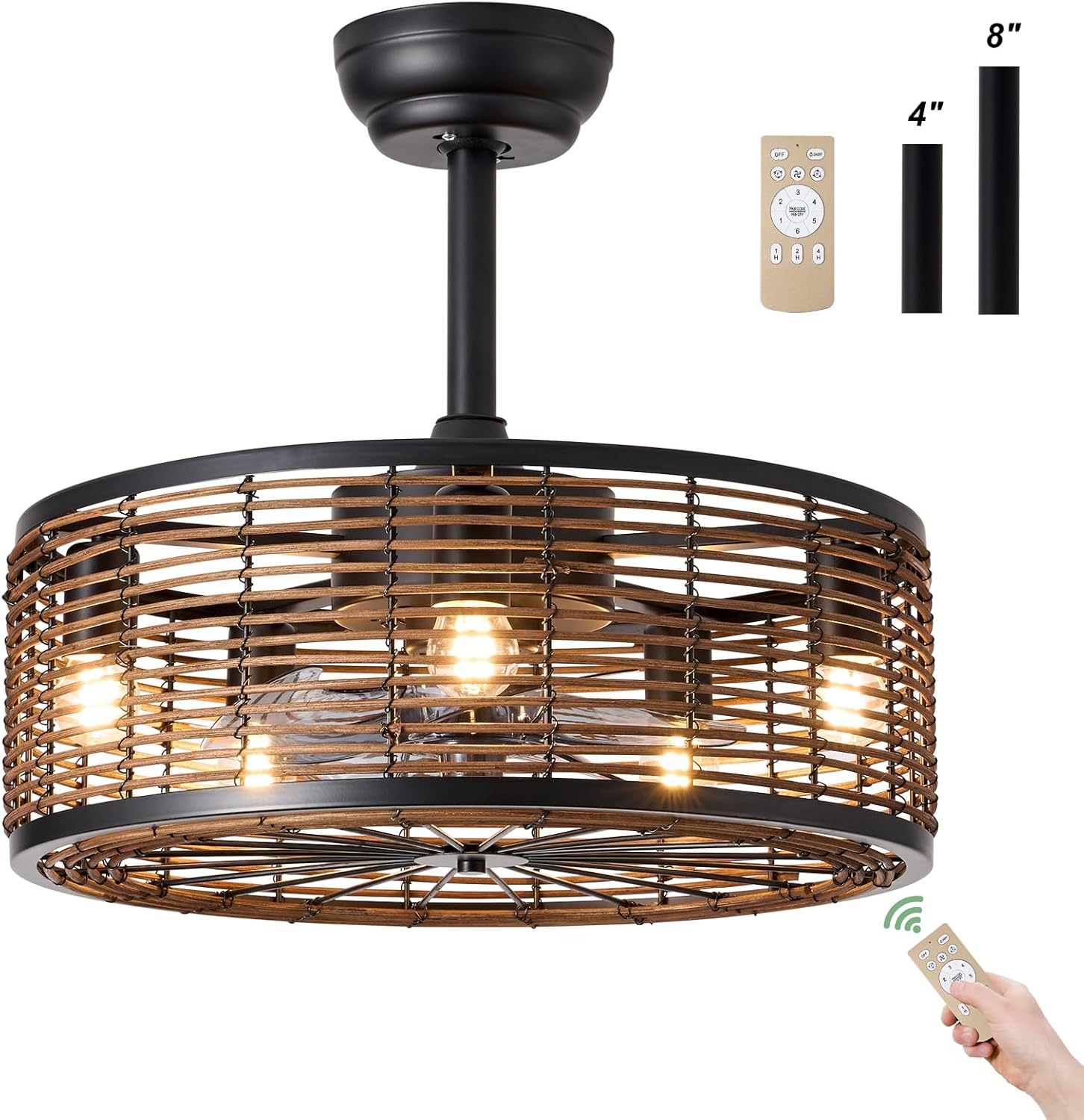 HOMKEA Ventilador de techo bohemio de ratán con control remoto de luz, montaje empotrado, ventiladores de techo enjaulados de granja de 20 pulgadas