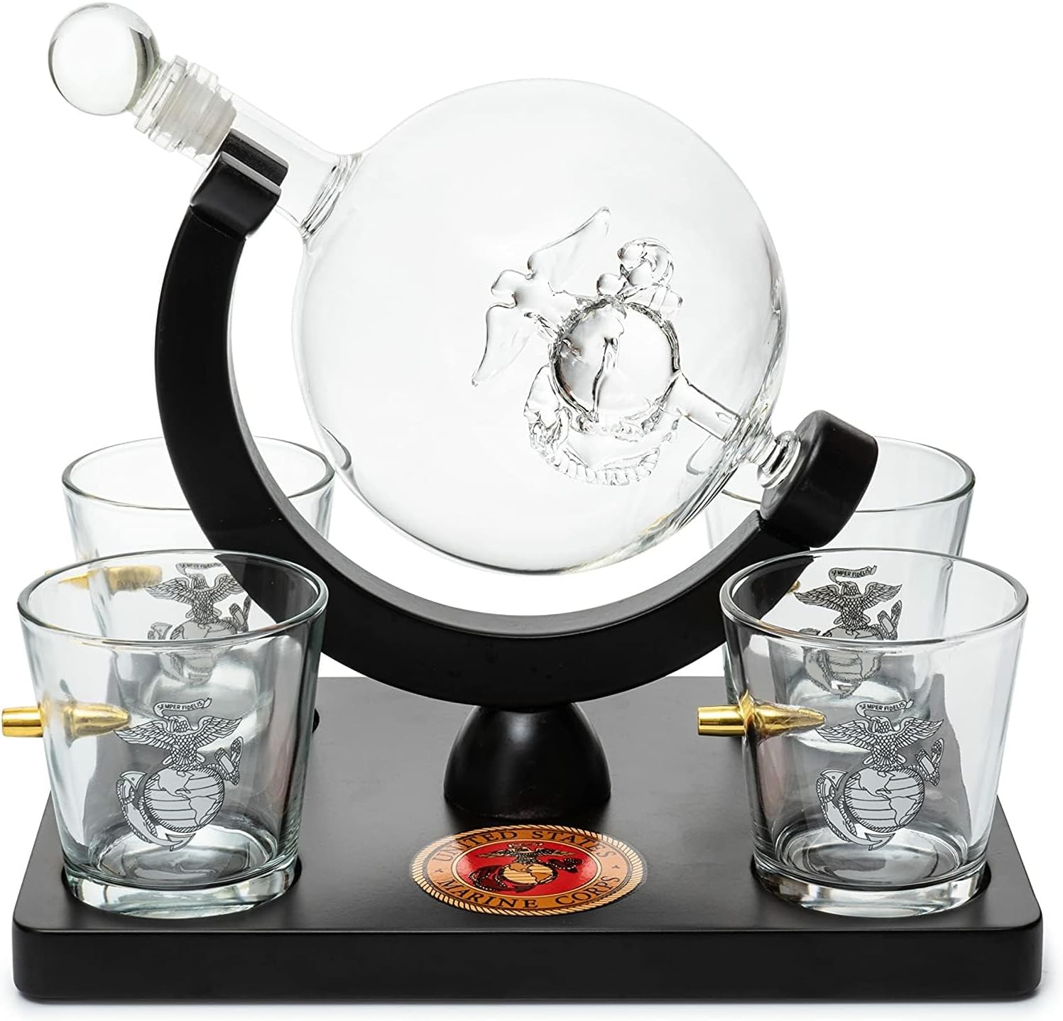 U.S. Marine Globe – Juego de decantador de whisky con 4 vasos de licor, juego de regalo para veteranos marinos con base de madera de caoba y