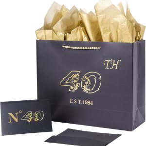 Jaywayang Bolsa de regalo grande negra de 40 cumpleaños con tarjeta y papel de seda, bolsa vintage de regalo de recuerdo de impresión metálica para Jaywayang Bolsa de regalo grande negra de 40 cumpleaños con tarjeta y papel de seda, bolsa vintage de regalo de recuerdo de impresión metálica para