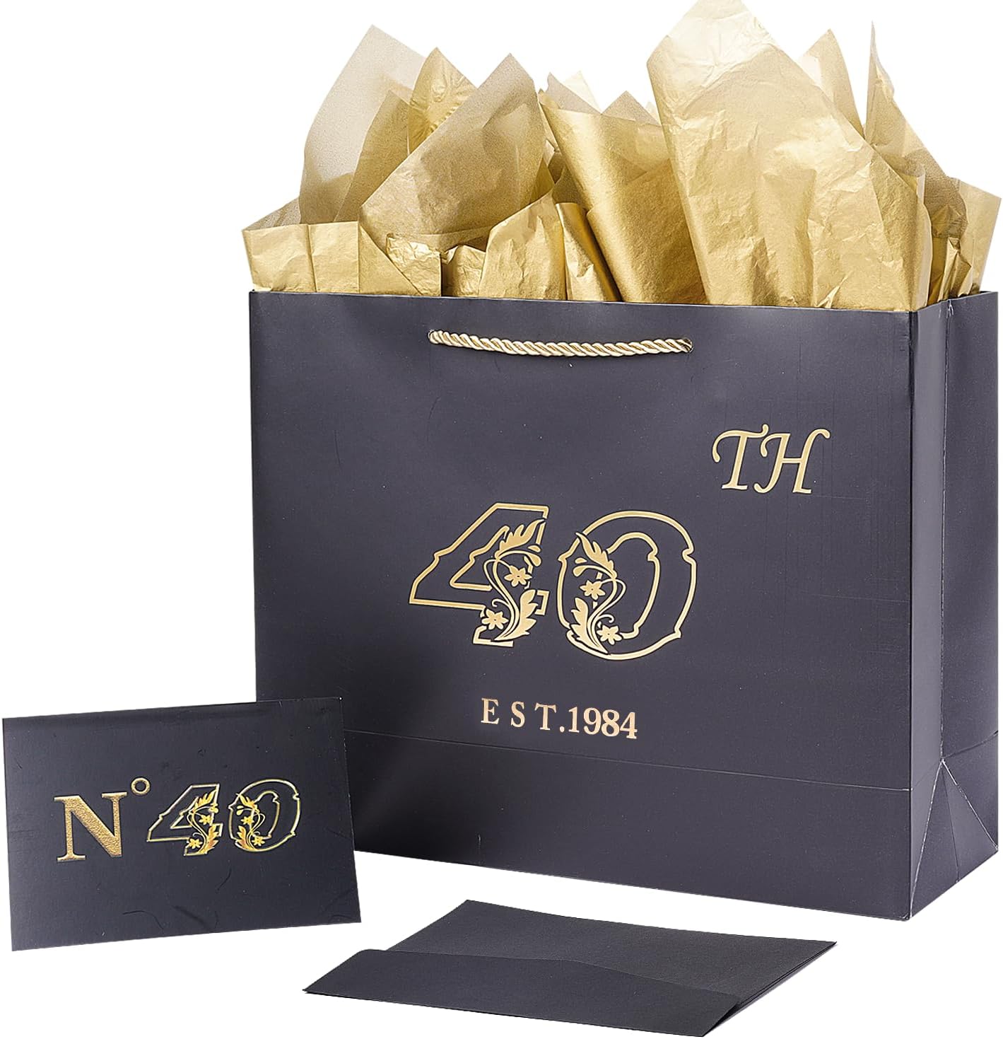Jaywayang Bolsa de regalo grande negra de 40 cumpleaños con tarjeta y papel de seda, bolsa vintage de regalo de recuerdo de impresión metálica para