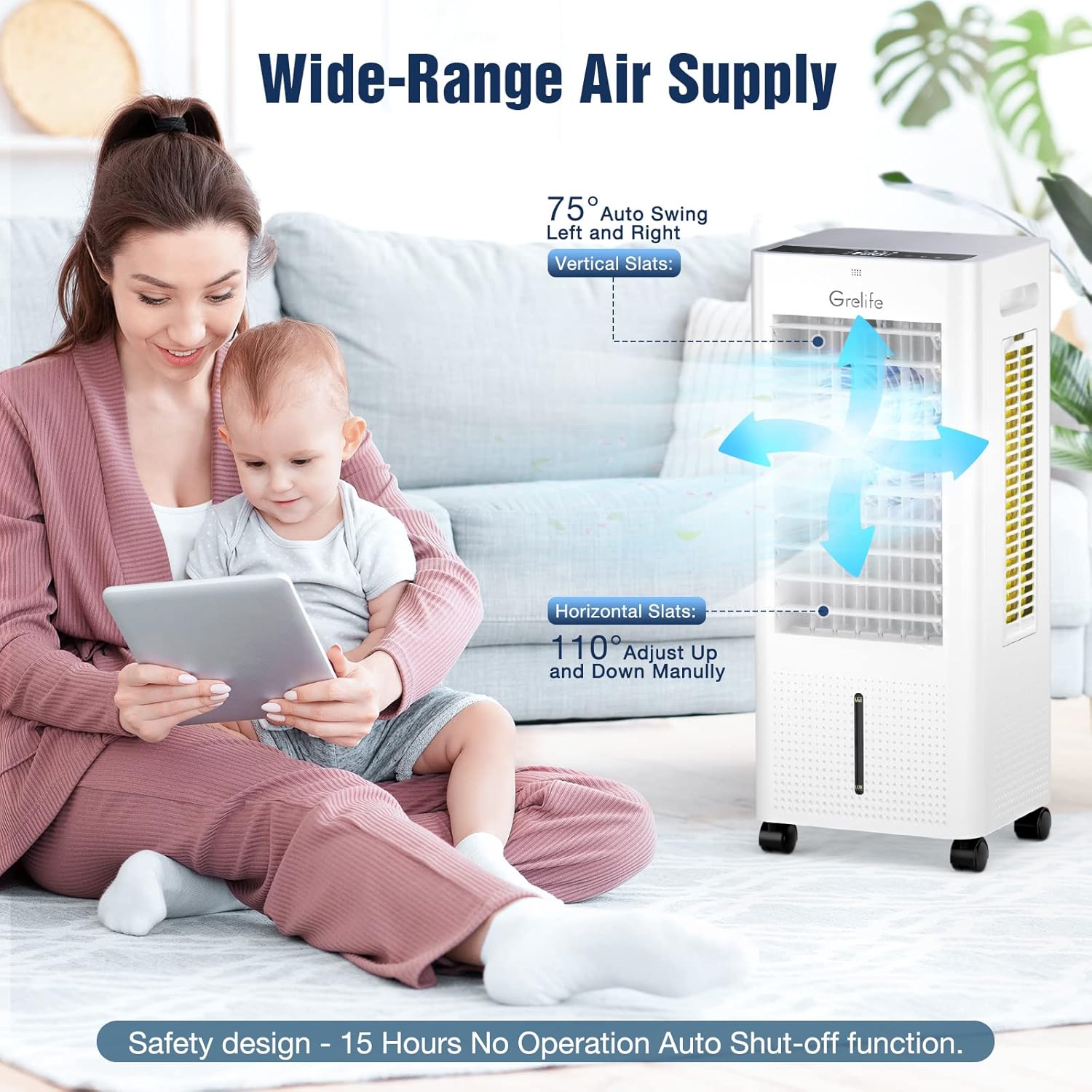 Grelife Enfriador de aire evaporativo portátil, ventilador de enfriamiento de aire 3 en 1 con control remoto, temporizador de 12 horas, 4 paquetes