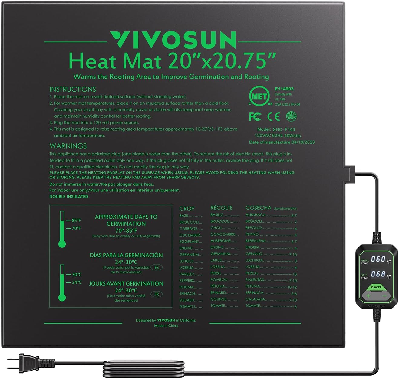 VIVOSUN Alfombrilla térmica de 20 x 20.75 pulgadas con controlador de temperatura integrado, certificado UL y MET, almohadilla térmica impermeable