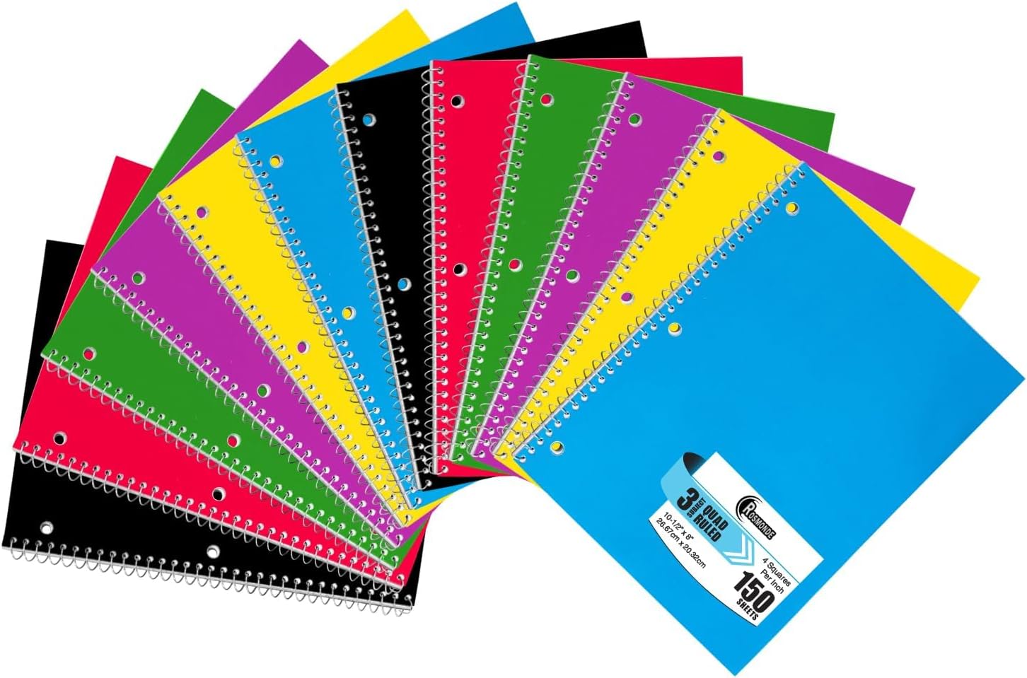 Cuadernos de espiral de 3 materias a rayas, paquete de 12, 300 páginas (150 hojas), 8 x 10-12 pulgadas, cuadrícula en espiral para la escuela y la