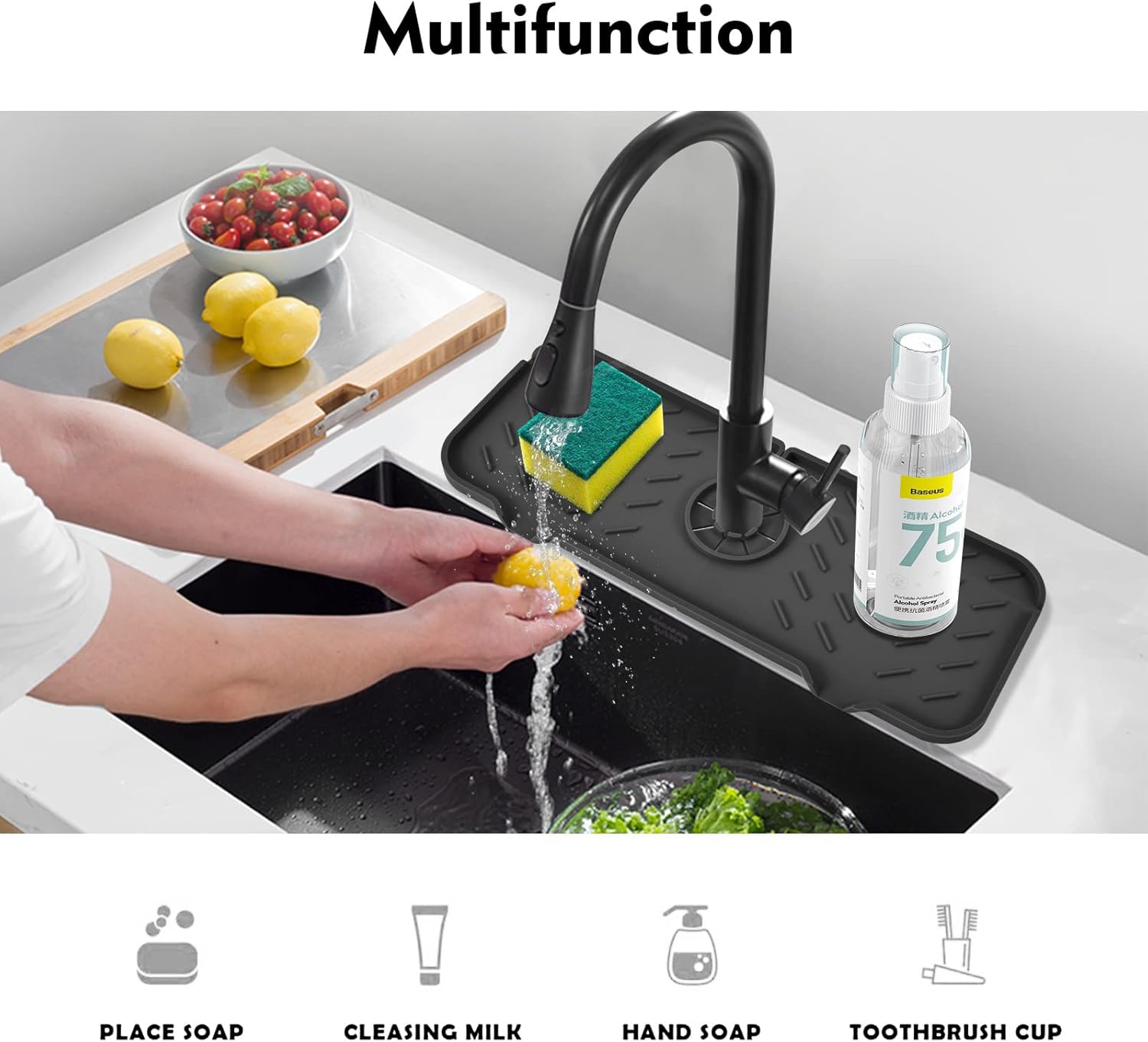 SKitchen – Protector contra salpicaduras para fregadero de 15.4 x 5.5 pulgadas, protector de salpicaduras mejorado para grifo con drenaje