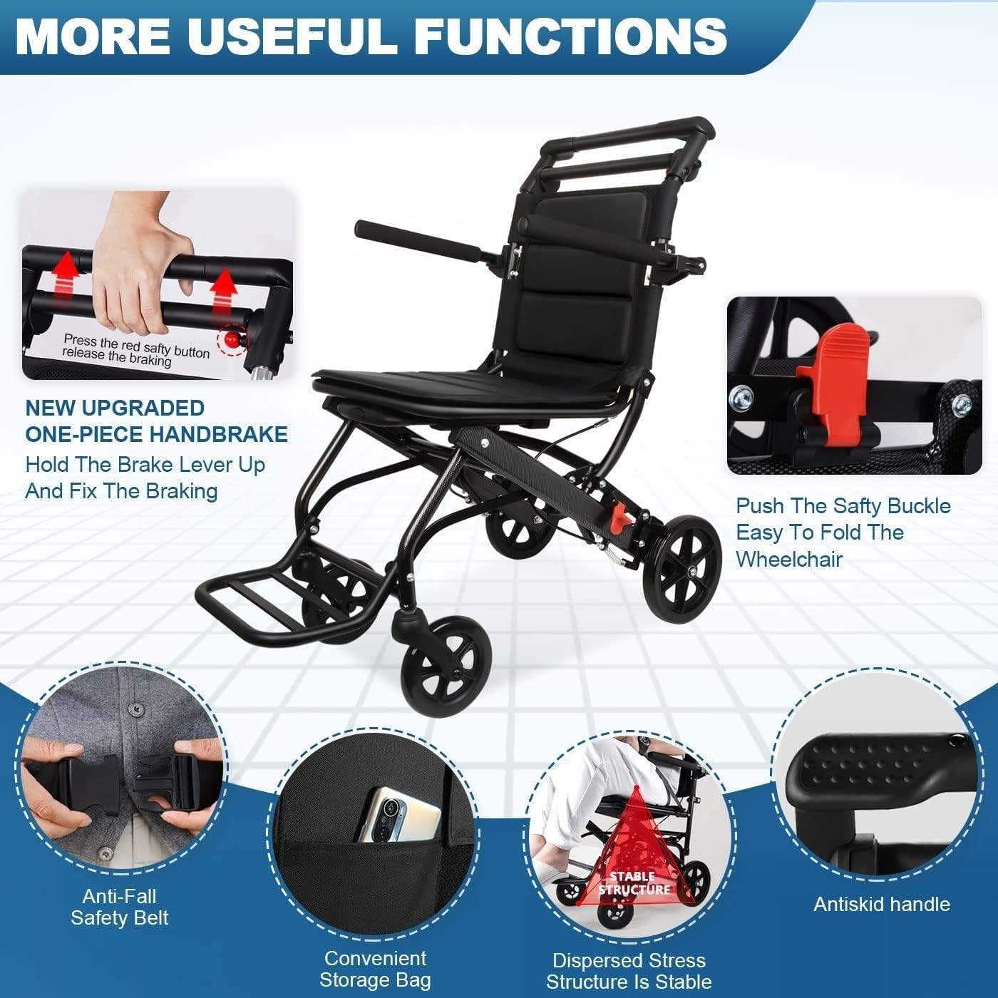 Tripaide Silla de ruedas ligera para adultos, pesa solo 15 libras, silla de ruedas de transporte plegable ultraligera con mango telescópico, bolsa