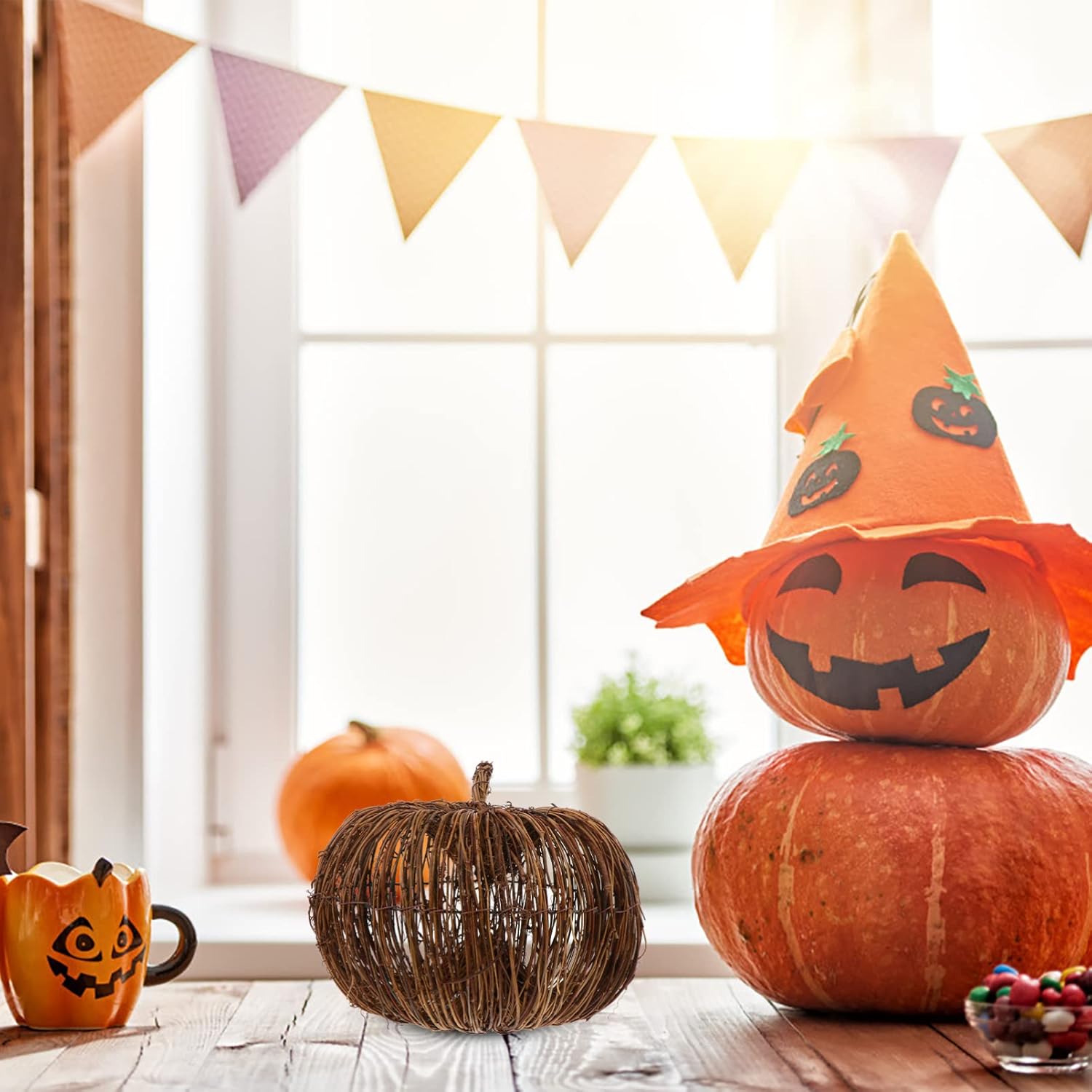 Sewroro Calabazas artificiales de mimbre de ratán de calabaza tejida, 1 unidad, Acción de Gracias, Halloween, cosecha de otoño, decoraciones