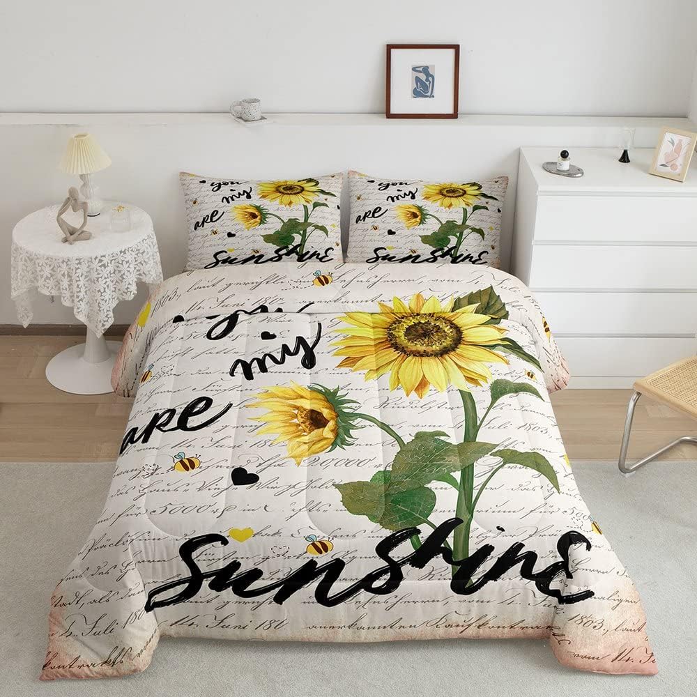 Castle Fairy Juego de edredón de girasol, tamaño Queen, ropa de cama rústica de abeja de granja de 3 piezas para niños, adolescentes y adultos,