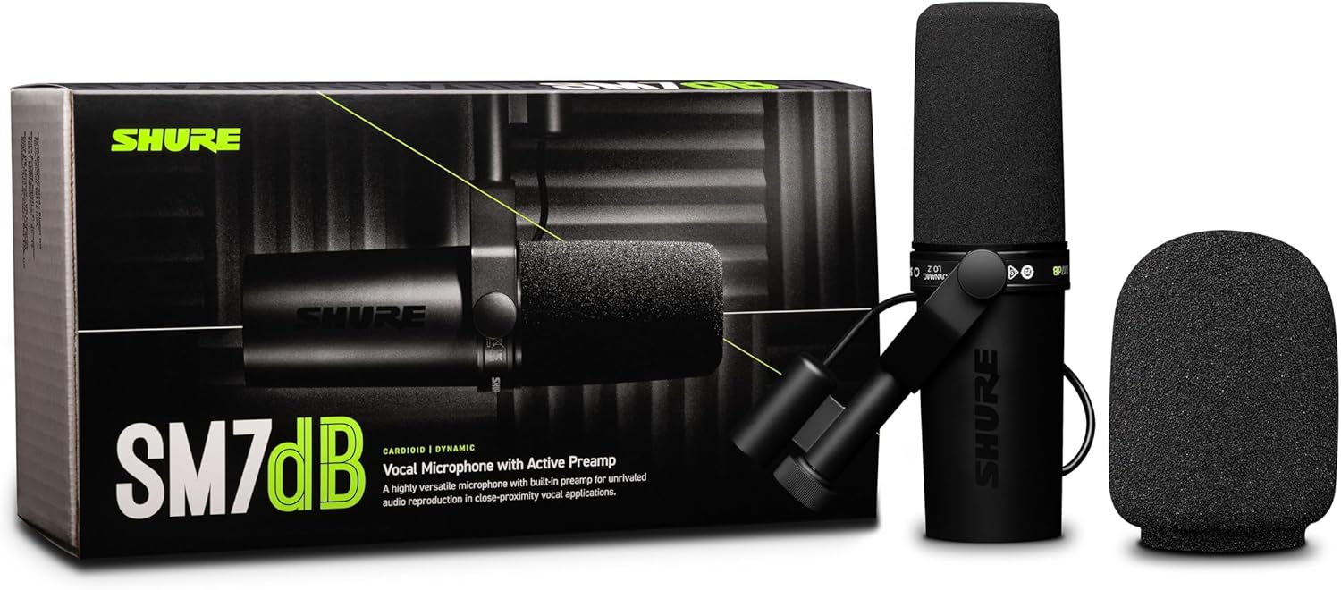 Shure SM7dB Micrófono vocal dinámico con preamplificador integrado para transmisión, podcast y grabación, frecuencia de amplio alcance, sonido