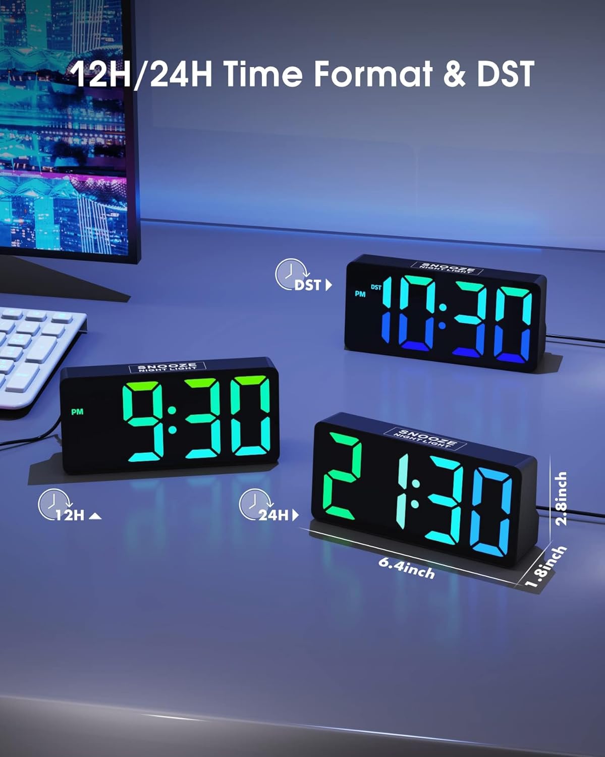 Mesqool Reloj dinámico RGB con pantalla grande, números grandes y llamativos, reloj despertador súper fuerte para dormitorio, personas que duermen
