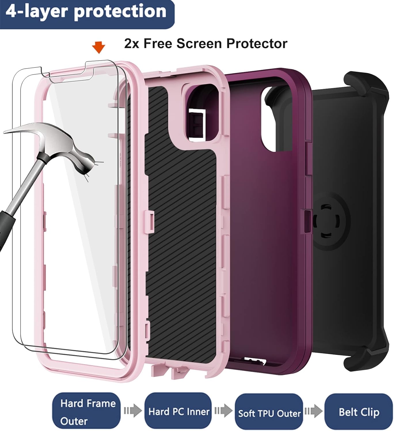 Funda para iPhone 11 con funda de clip para cinturón, 2 protectores de pantalla, grado militar resistente a prueba de golpes, a prueba de polvo y