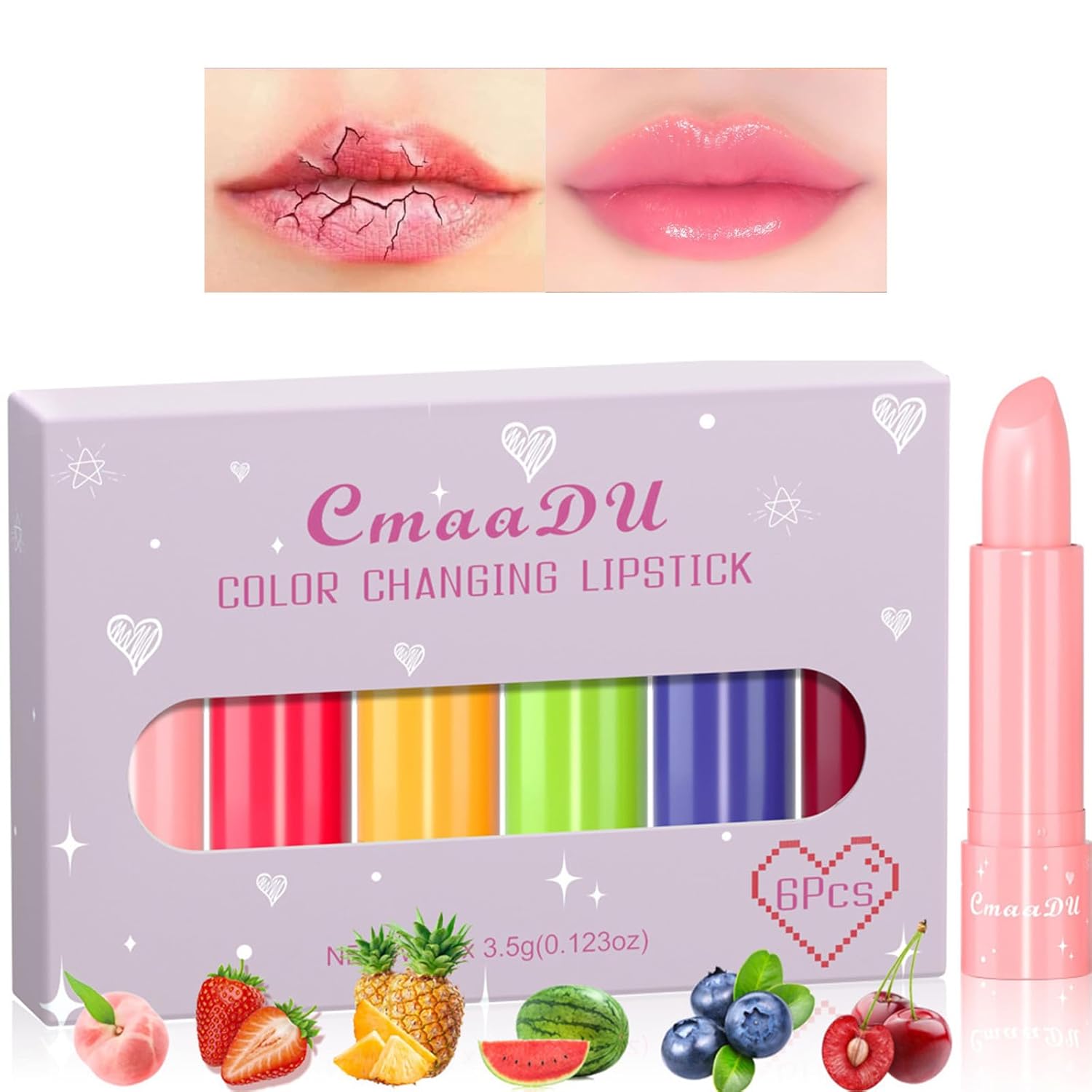 Gireatick Juego de 6 lápices labiales que cambian de color con sabor a fruta, bálsamo labial de pH, ingredientes naturales, maquillaje hidratante de