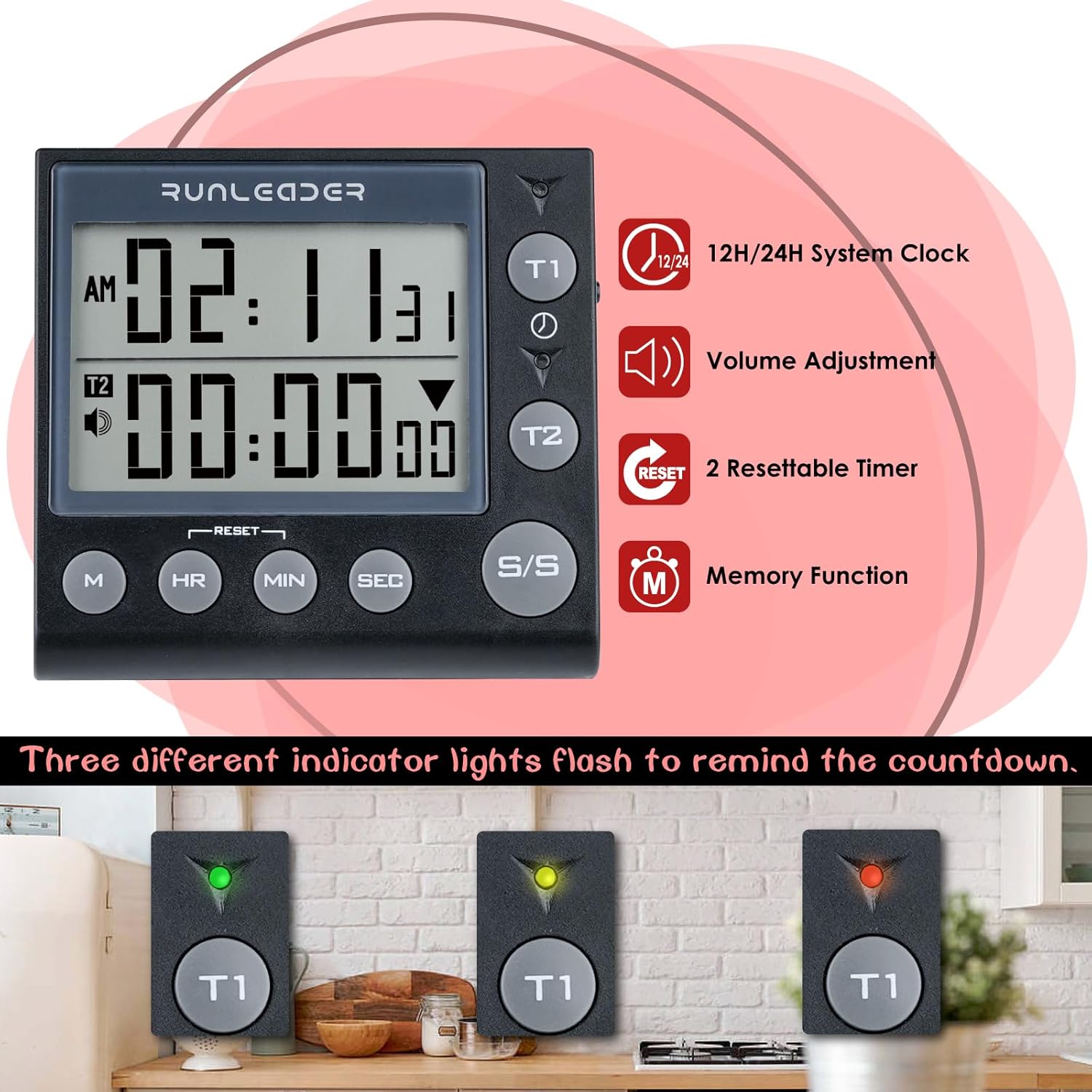 Jayron Temporizador de 2 canales con reloj temporizador de cocina temporizador magnético de cuenta regresiva reloj despertador digital de