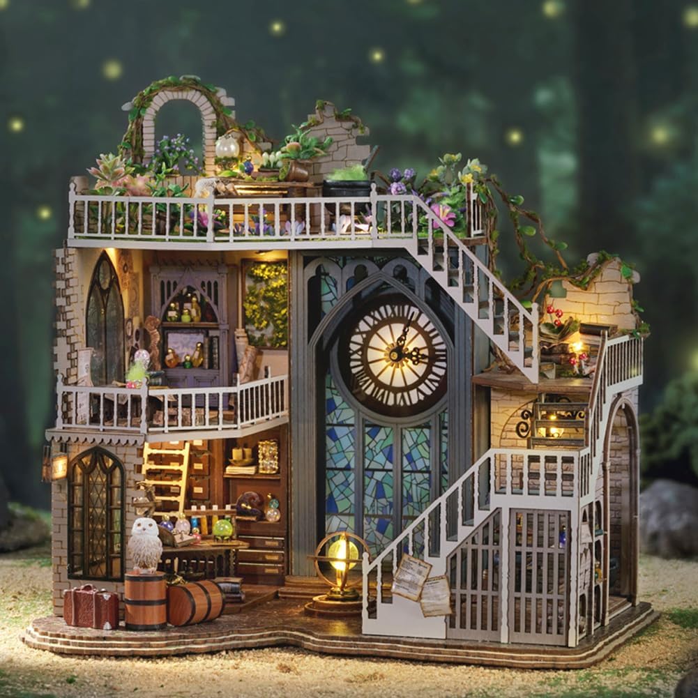 Kit de casa de muñecas en miniatura con cubierta antipolvo, kits de casa de muñecas de madera mágicas retro, manualidades para adultos, kit de