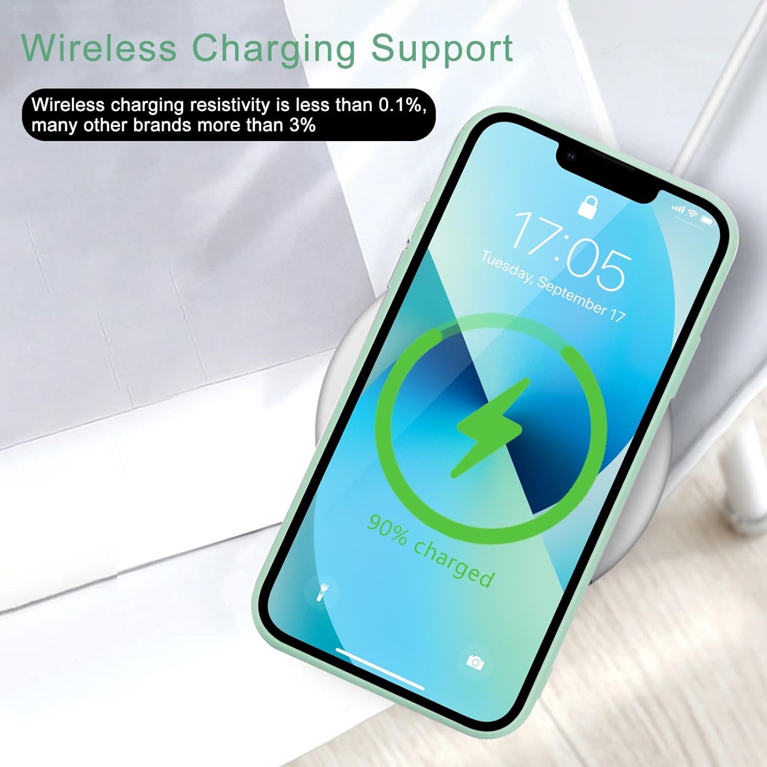 Funda para iPhone 13, bonita funda delgada a prueba de golpes con soporte de carga inalámbrica y protección, verde menta