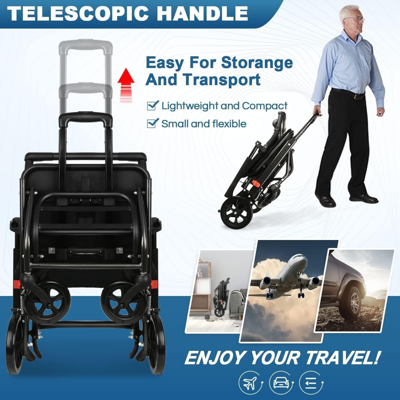Tripaide Silla de ruedas ligera para adultos, pesa solo 15 libras, silla de ruedas de transporte plegable ultraligera con mango telescópico, bolsa