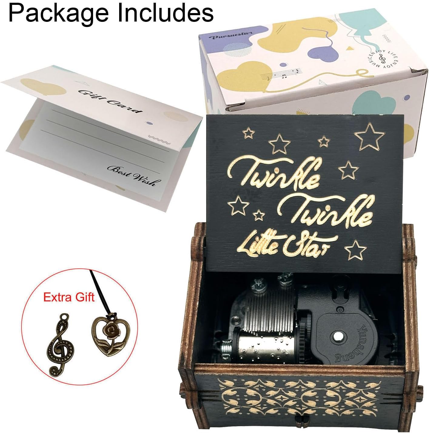 Pursuestar Caja de música de madera negra grabada con láser, regalo musical para niños, día de la madre, boda, San Valentín, Navidad, aniversario,